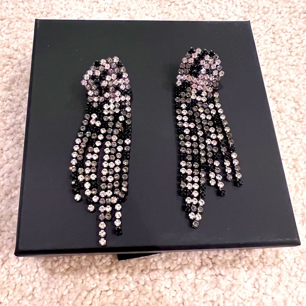 Dark Silver Rhinestone Fringe Earrings